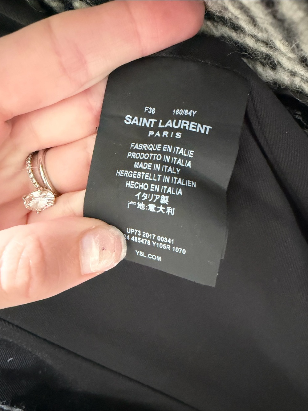 Saint Laurent Black & Ecru Herringbone Wool Belted Coat - Picture 4 of 7